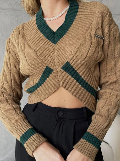 Damen Cropped Strickpullover V-Ausschnitt Kontrastdetails