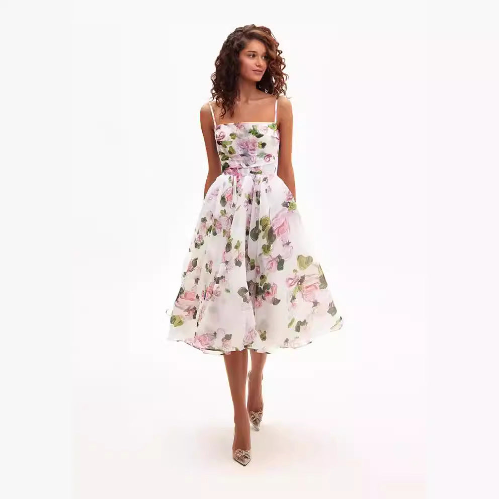 Damen Midi-Kleid Floralmuster Chiffon Taillengürtel - Eveloria