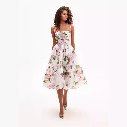Damen Midi-Kleid Floralmuster Chiffon Taillengürtel - Eveloria