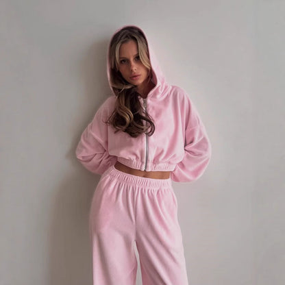 Damen Velours-Jogginganzug Kapuze Reißverschluss Eveloria