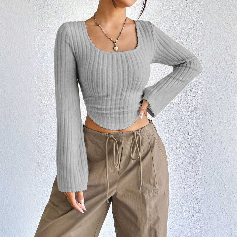 Damen Langarm Crop Rippdesign Abgerundeter Saum Eveloria