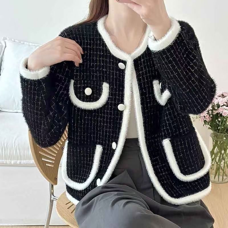 Damen Bouclé-Cardigan Weich Taschen Beige