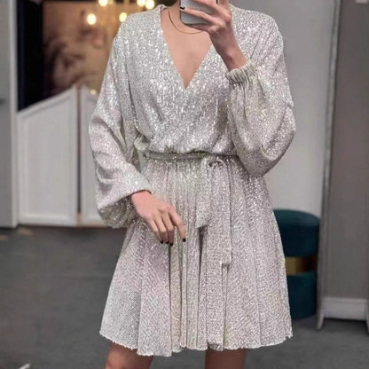 Damen Glitzerndes Mini-Kleid V-Ausschnitt Puffärmel Eveloria - Eveloria