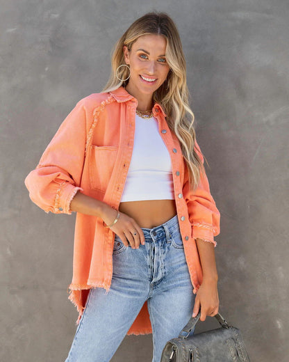 Damen Oversized Denim-Hemdjacke Fransen Detail Blau Eveloria