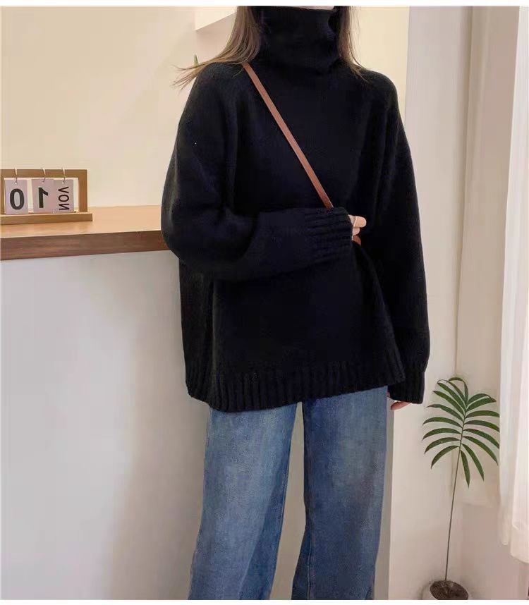 Damen Grobstrickpullover Stehkragen Schlitzen