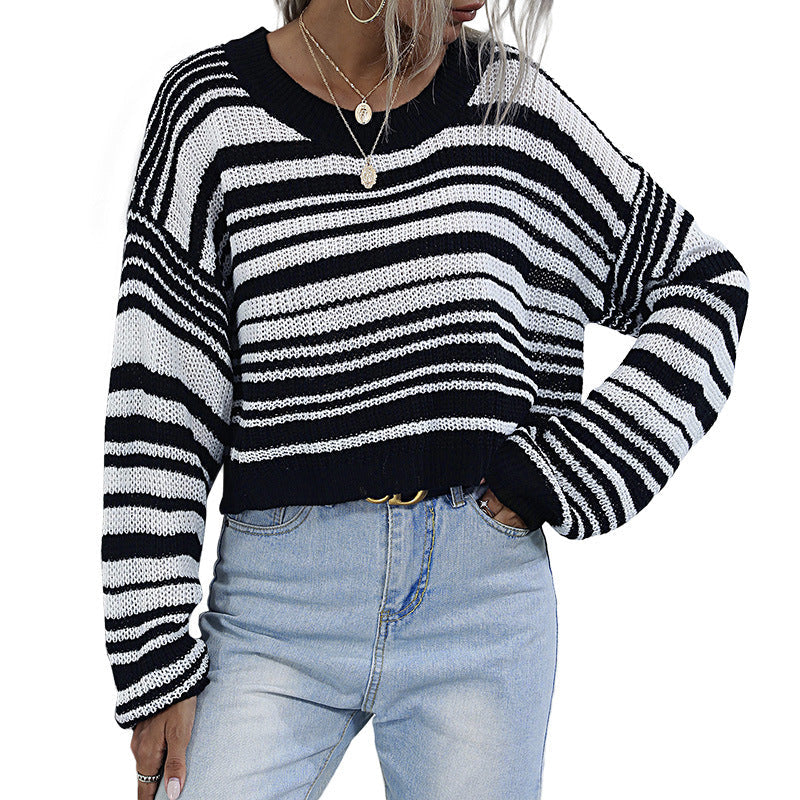 Damen Strickpullover Weit Schnitt Streifenmuster Beige Eveloria