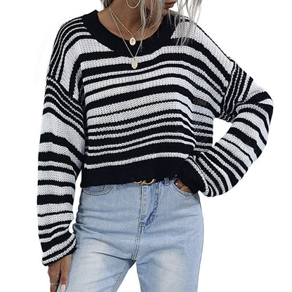 Damen Strickpullover Weit Schnitt Streifenmuster Beige Eveloria
