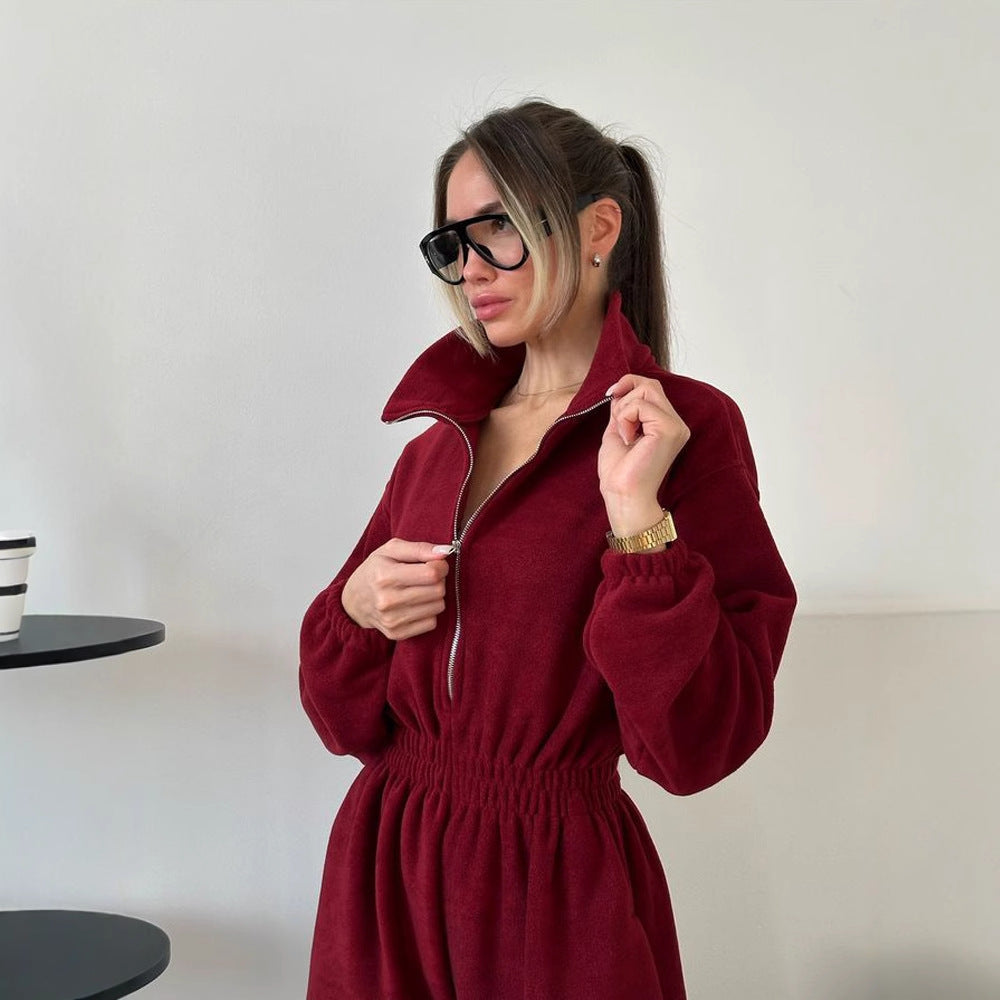 Damen Fleece-Jumpsuit Oversized Stehkragen Elastisch Eveloria
