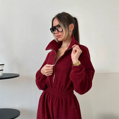 Damen Fleece-Jumpsuit Oversized Stehkragen Elastisch Eveloria