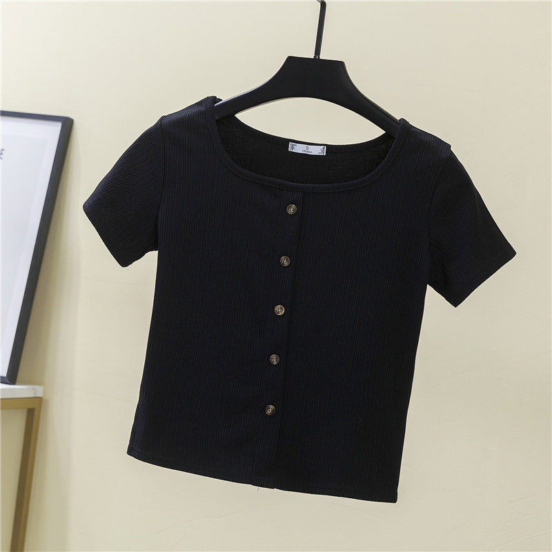 Damen Kurzarmshirt Rippenstrick Modern mit Knopfleiste Hellblau