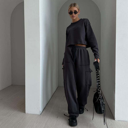 Damen Cropped Sweatshirt mit Kordelzug und weiten Ärmeln Grau