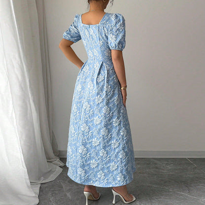 Damen Maxikleid Florale Applikationen Puffärmel Eveloria