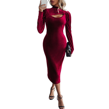 Damen Samt-Kleid Figurbetont Asymmetrischer Ausschnitt