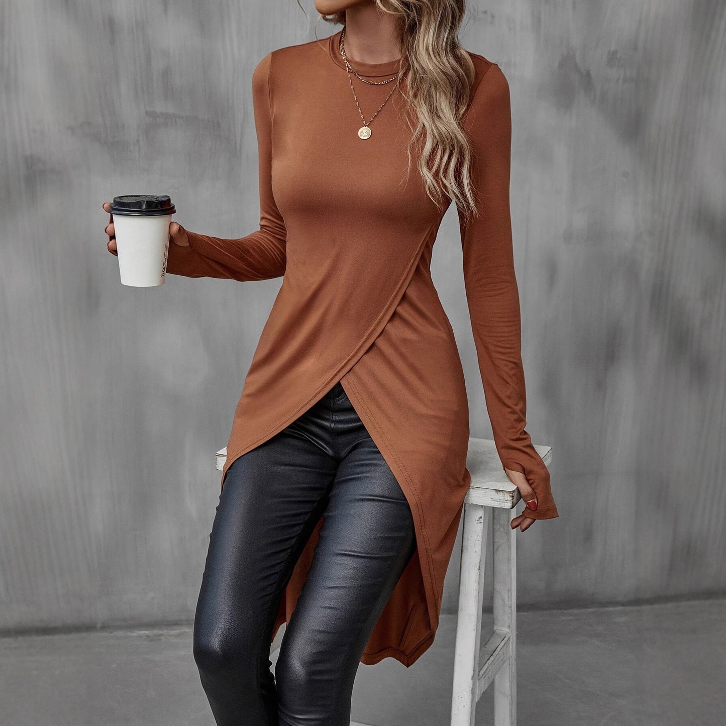 Damen Wickelkleid Langarm Asymmetrisch Eveloria