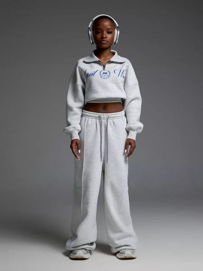 Damen Cropped Sweatshirt Hochkragen Bequem Grau Eveloria