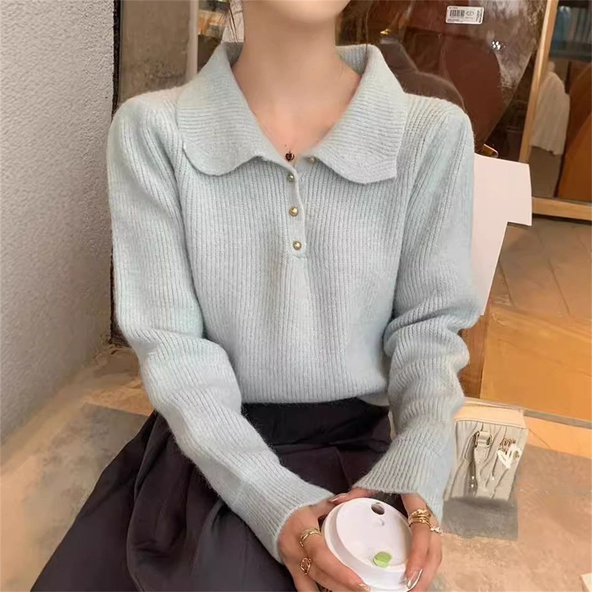 Damen Pullover mit Polokragen Weiches Strickmaterial Beige