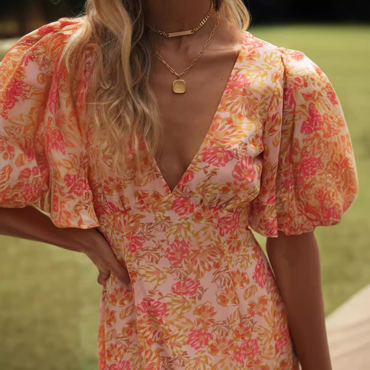 Damen Wickelkleid Mini Voluminöse Ärmel Romantisch