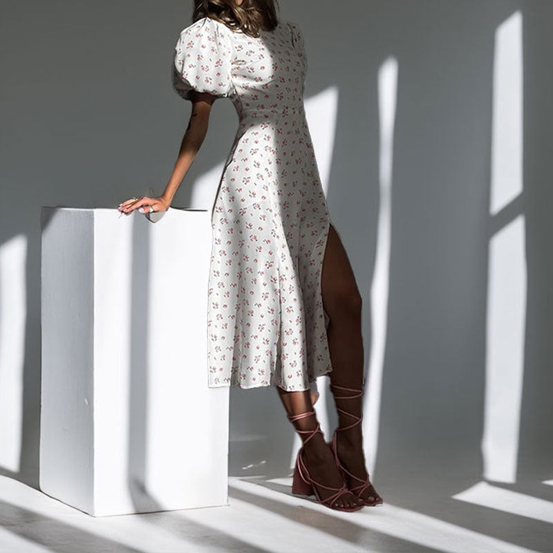 Damen Maxikleid Puffärmel Elegantem Schlitz Eveloria