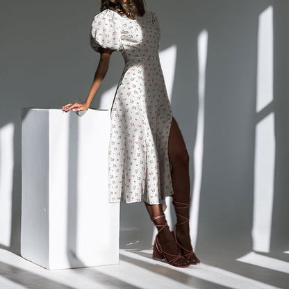 Damen Maxikleid Puffärmel Elegantem Schlitz Eveloria