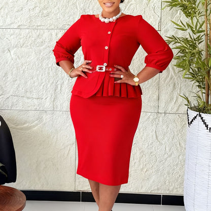 Damen Etuikleid Taillierter Gürtel Peplum Saum Eveloria