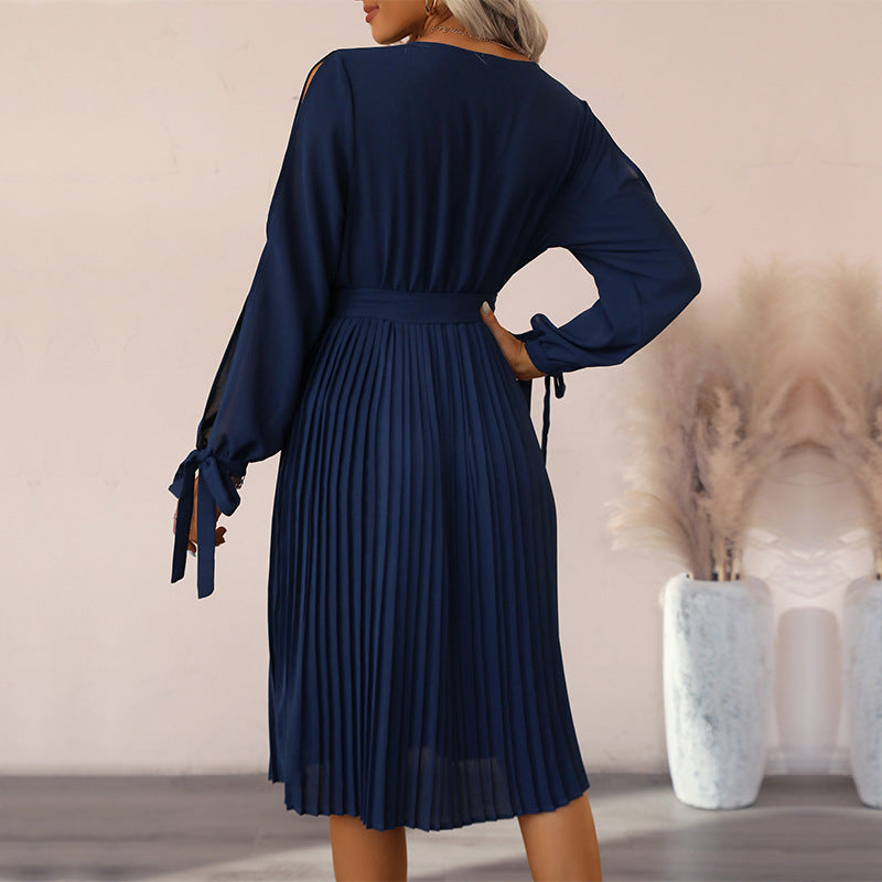 Damen Wickelkleid Midi Elegant Rüschen Taillenknoten Eveloria