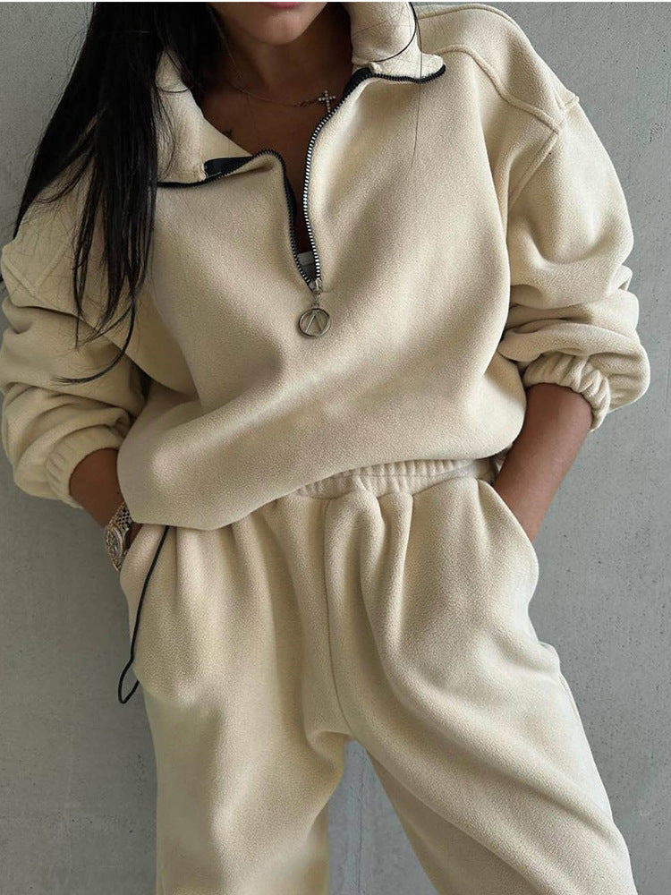 Damen Fleece-Loungewear-Set Elastisch Halbzippverschluss Grau