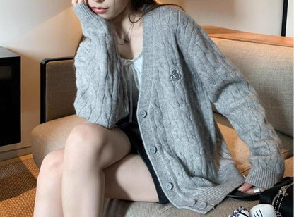 Damen Strickjacke Zopfmuster Große Knöpfe Eveloria
