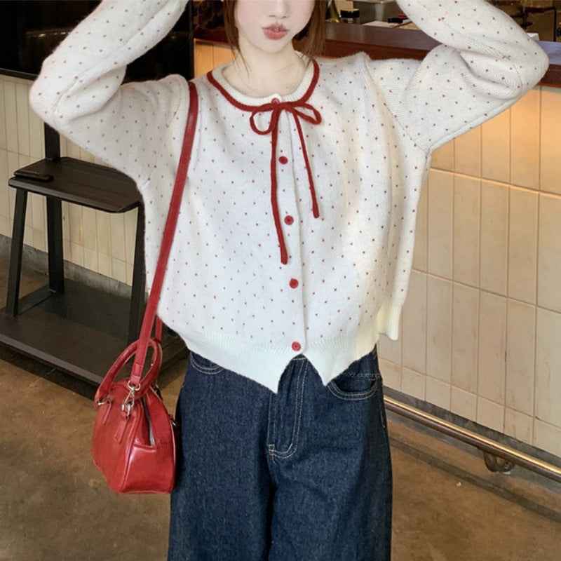 Damen Strickjacke mit Punkten und Schleife