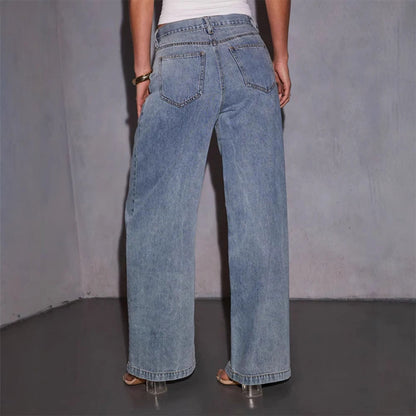 Damen Weite Jeanshose Hochbund Lässiger Schnitt Blau Eveloria