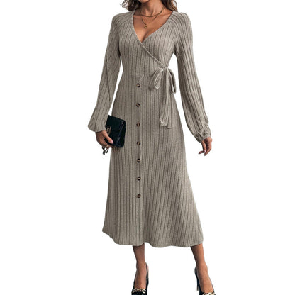 Damen Wickelkleid Strukturiertes Design Knöpfe Eveloria