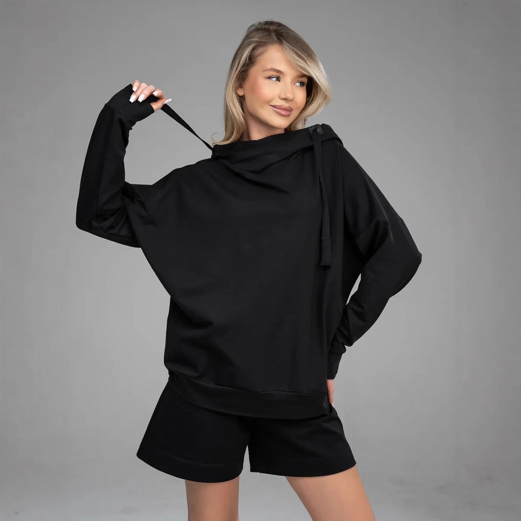 Damen Hoodie Set mit Kängurutasche und Shorts Baumwolle Beige