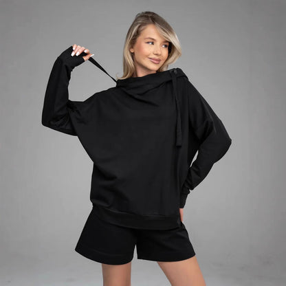 Damen Hoodie Set mit Kängurutasche und Shorts Baumwolle Beige