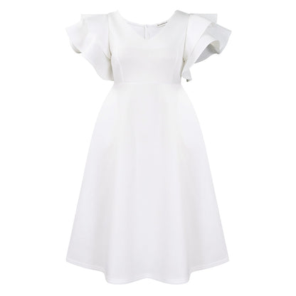 Damen Midi-Kleid Voluminöse Rüschenärmel Weit Schwingender Rock
