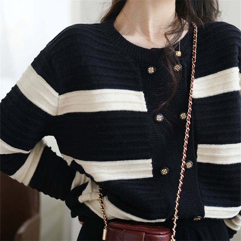 Damen Strickjacke Gestreift Dekorative Knöpfe Eveloria