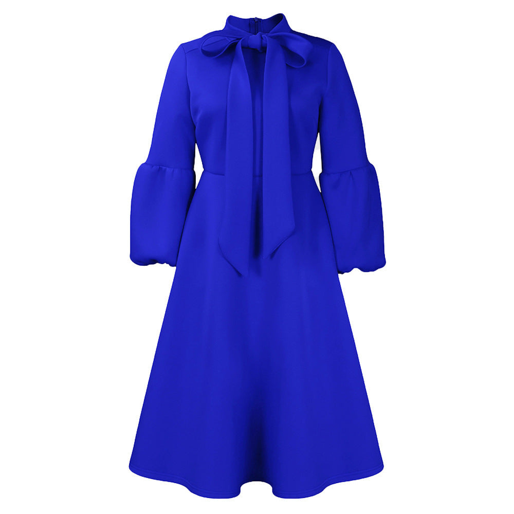 Damen Midi-Kleid Länge Knie, lange Puffärmel, elegante Schleife