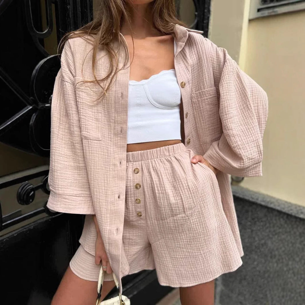Damen Kurzarm Kombi Set Knopf Oberteil Bequeme Shorts