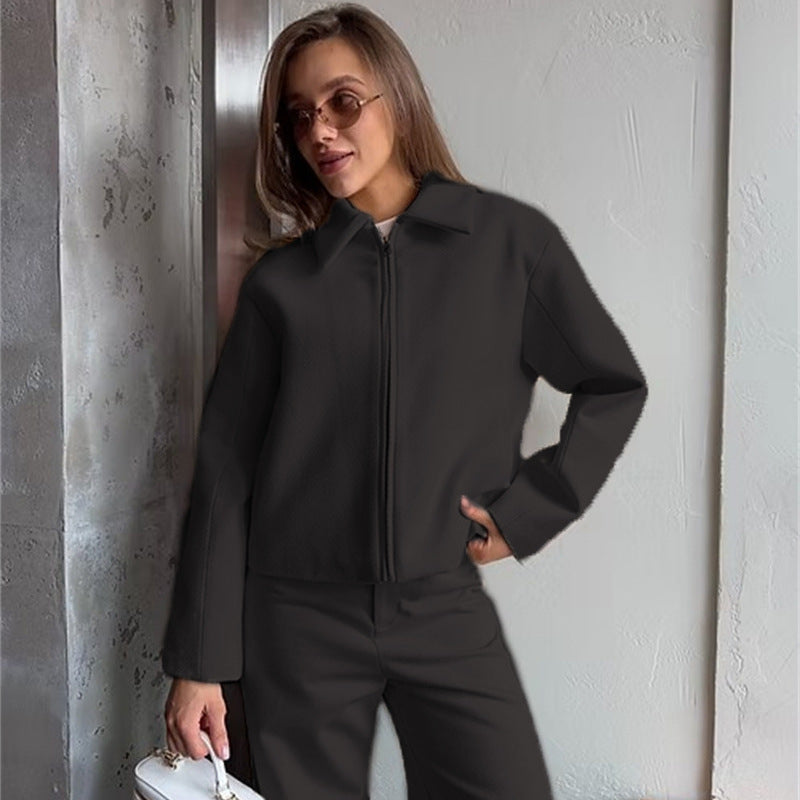 Damen Stehkragenjacke Shortjacke Baumwolle Praktische Taschen Schwarz - Eveloria