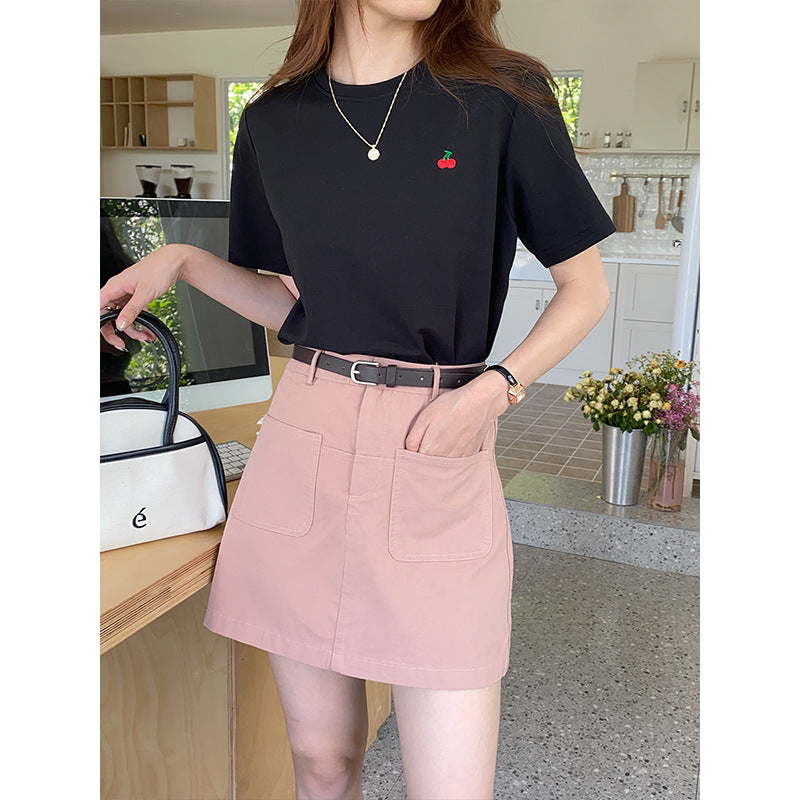 Damen T-Shirt Kurzarm Kirschmotiv Weiß