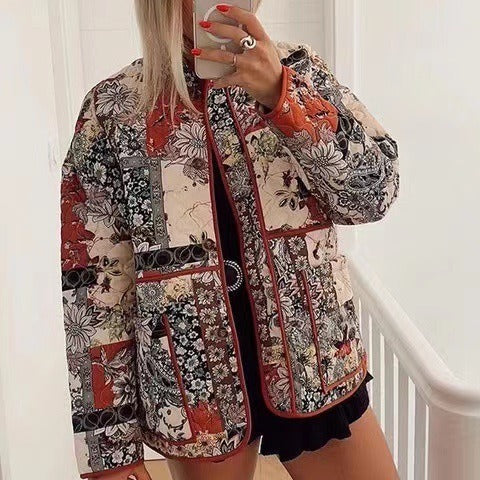 Damen Steppjacke Florales Design Praktische Taschen - Eveloria