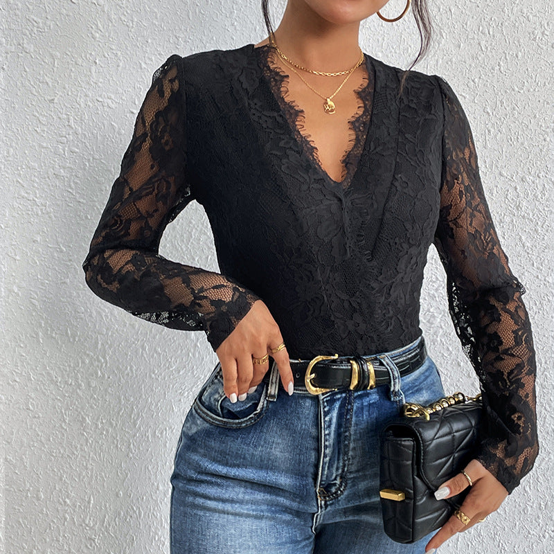 Damen Spitzenbody V-Ausschnitt transparente Ärmel Eveloria