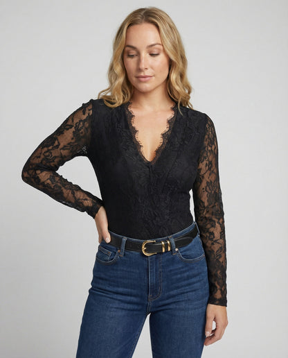 Damen Langarmbody Spitze V-Ausschnitt