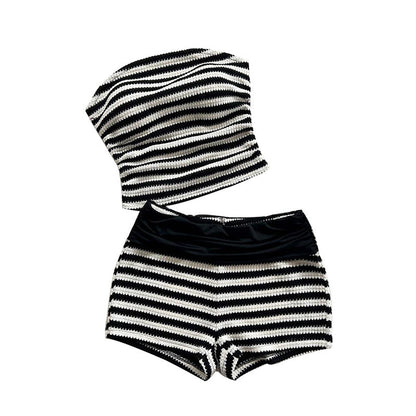 Damen Cropped Bikini-Set Gestreift Hoher Bund