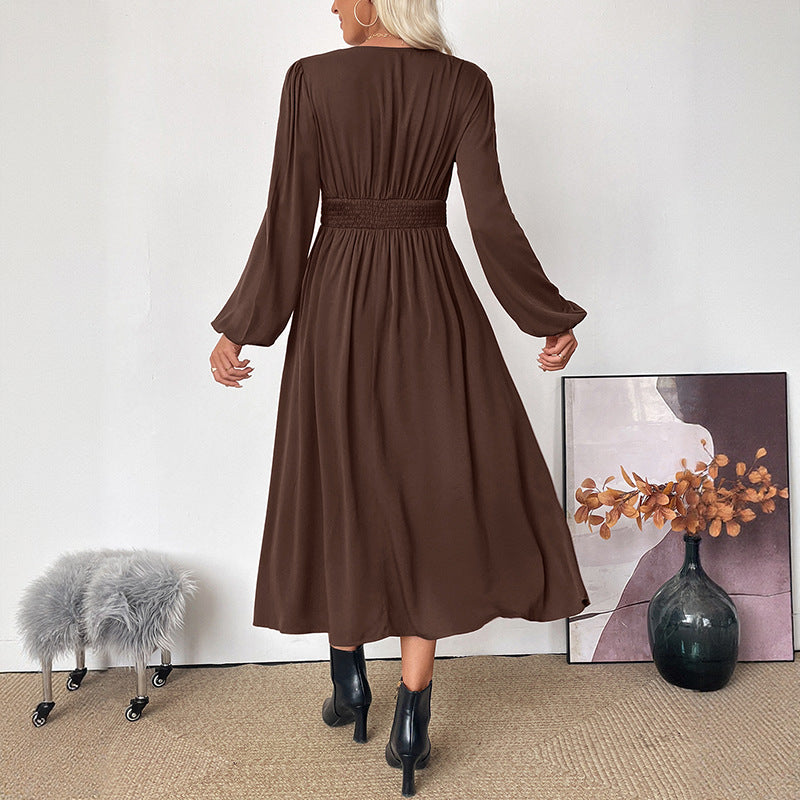 Damen Maxi-Kleid V-Ausschnitt Ballonärmel Eveloria