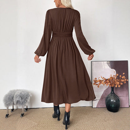 Damen Maxi-Kleid V-Ausschnitt Ballonärmel Eveloria