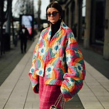 Damen Steppjacke Bunt Voluminöse Ärmel Kuschelig