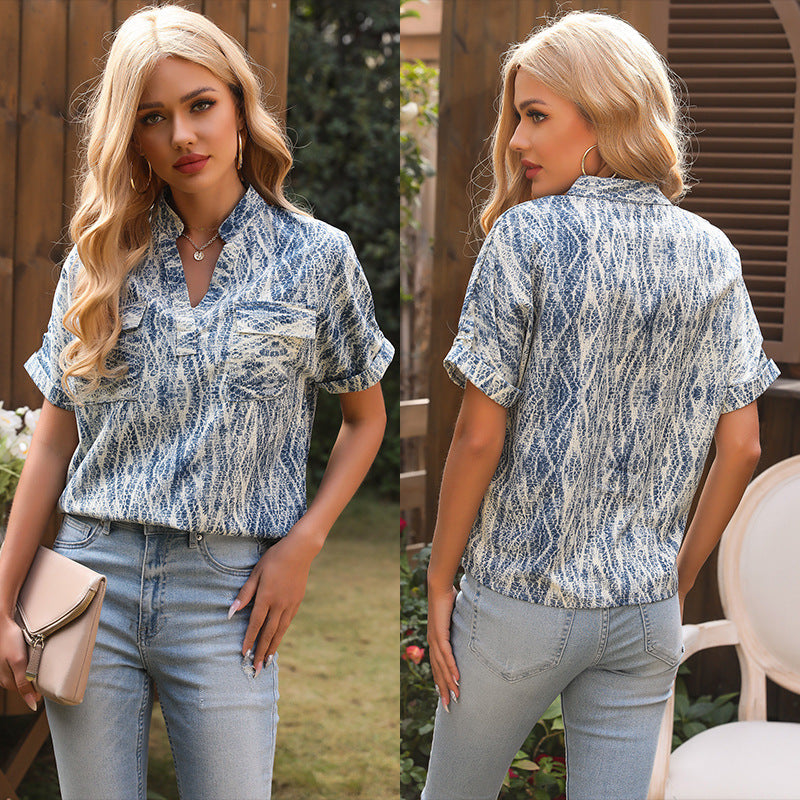 Damen Kurzarmbluse Modernes Muster Baumwolle Blau