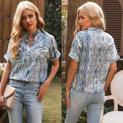 Damen Kurzarmbluse Modernes Muster Baumwolle Blau