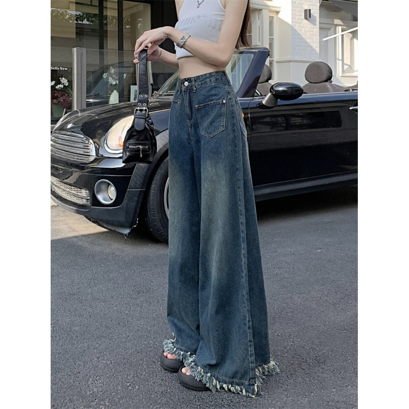 Damen Weite Jeanshose Fransiger Saum Eveloria