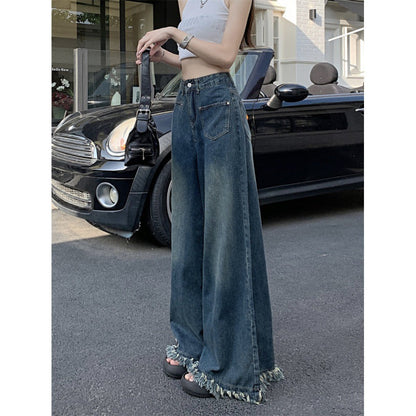Damen Weite Jeanshose Fransiger Saum Eveloria