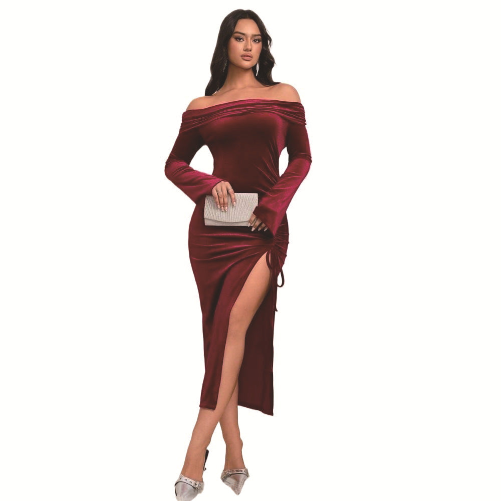 Damen Maxikleid Off-Shoulder Rüschendetails Seitenschlitz